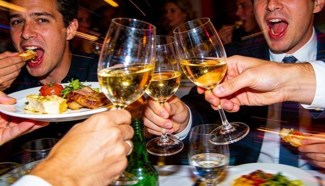 Professionals clinking white wine glasses and enjoying dinner at corporate celebration