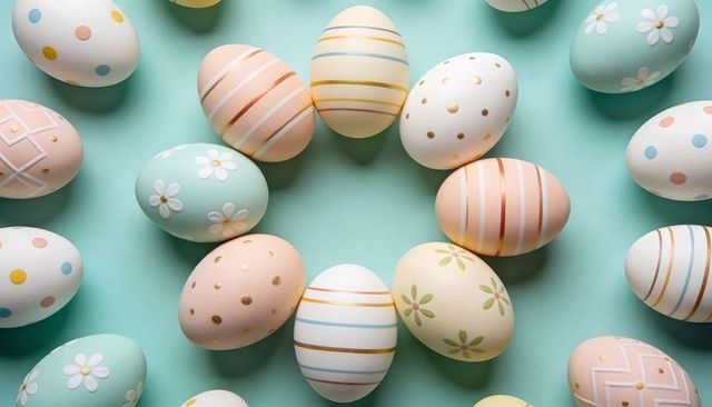 Hand-painted pastel Easter eggs forming circle on mint background with gold accents