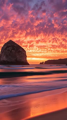 Vertical Sunset Video Capturing Fiery Sky Reflecting on Waves, Sand and Sea Stack