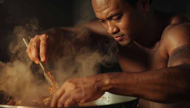 Shirtless man cooking at wok flipping food with tongs steam rising tattooed arm
