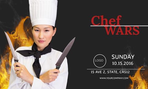 fierce chef holding knives amidst flames for cooking competition - Download Free Stock Templates Pikwizard.com