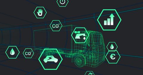 3D Truck Model with Digital Icons in High-Tech Tunnel