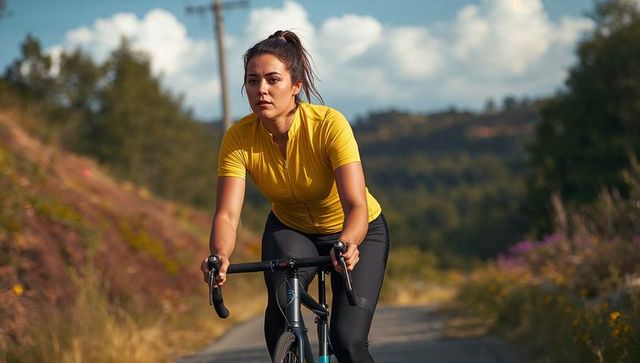 Determined woman cycling on sunlit rural road in yellow jersey and black tights during golden hour
