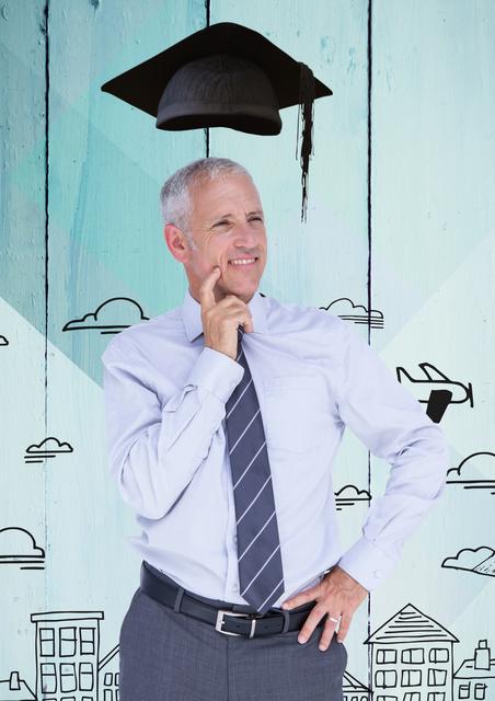 Digital composite image of smiling male executive standing with mortarboard above head