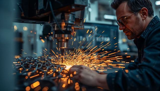 Machinist Guiding Workpiece Under CNC Equipment with Spark Showers