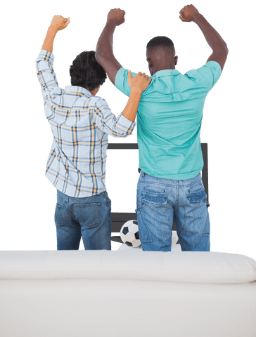 Diverse Friends Cheering While Watching Television with Transparent Background