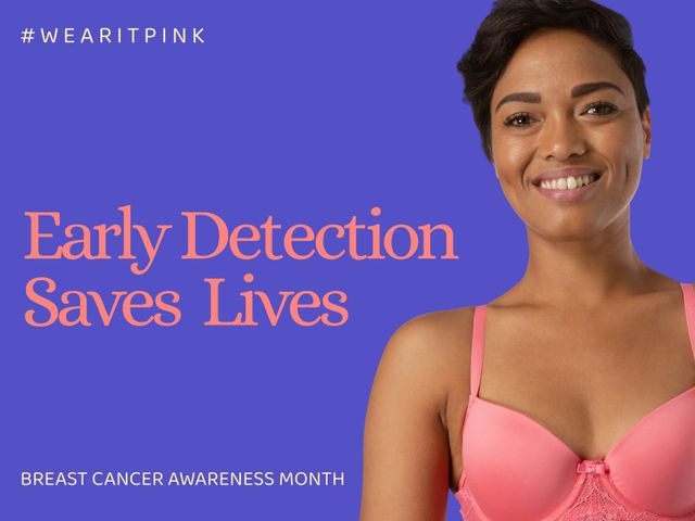 Smiling woman wearing pink bra highlighting the importance of early detection in breast cancer awareness. Useful for health campaigns, educational materials about breast cancer prevention, and promoting Breast Cancer Awareness Month. Symbolizes hope and support for raising awareness and encouraging health checks.