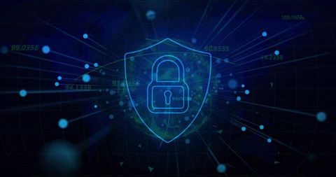 Protecting Data with Neon Wireframe Shield and Padlock Radiating Cybersecurity Glow