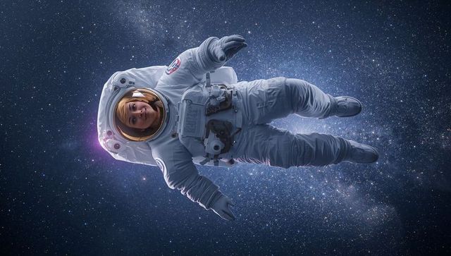 Female Astronaut Floating Weightless in Milky Way Wearing White EVA Suit with Gold Visor