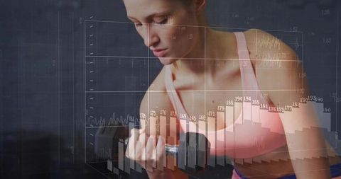 Woman Curling Dumbbell with Data Overlay Demonstrating Fitness Statistics