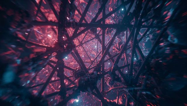 Futuristic lattice structure with glowing nodes and lights