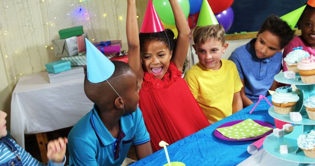 Joyful Children Celebrating Birthday with Party Hats and Cupcakes - Download Free Stock Images Pikwizard.com