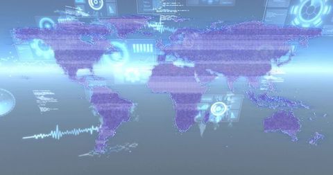 Holographic world map displaying global data network with cyan hud interface