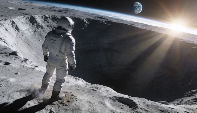 Astronaut Standing on Moon Rim Surveying Massive Lunar Crater with Earth Rising and Sunbeams