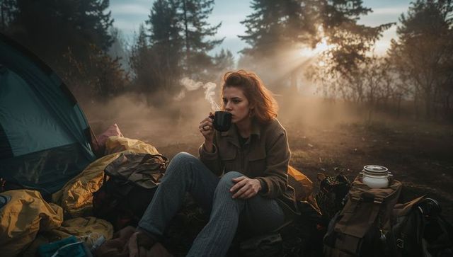 Woman sipping morning coffee by tent in misty forest sunrise with backpack and kettle