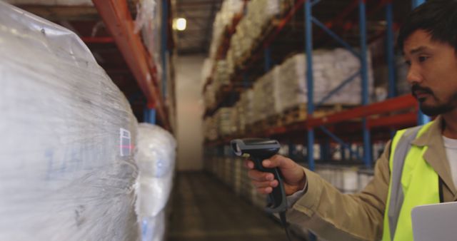 Warehouse worker scanning barcodes on industrial shelves in a large warehouse. He wears a high-visibility vest while conducting inventory. Useful for illustrating topics related to supply chain management, logistics, warehouse jobs, or inventory control.