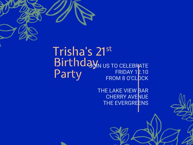 This elegant blue floral Birthday Party Invitation template is perfect for creating personalized invites for various events. The classic floral design with a sophisticated blue background makes it great for invitations to celebrations like 21st birthdays, engagement parties, and other special events. Customizable text allows personalization for any specific event details, ensuring a unique touch.