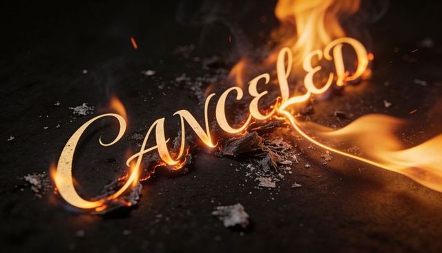 Burning canceled word in glowing cursive typography flickering with flames and embers