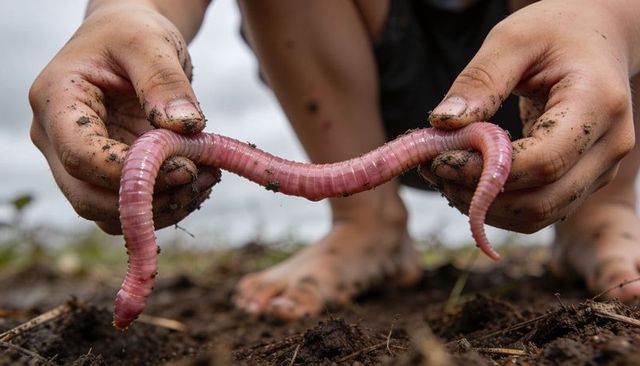 Child holding large pink earthworm with muddy hands and bare feet in garden