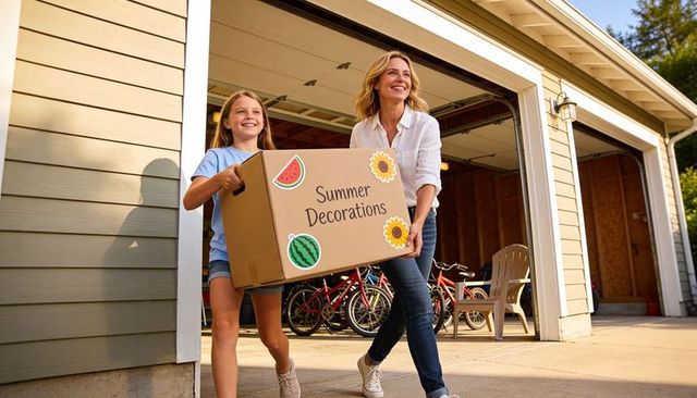 Mother and daughter carrying summer decorations box from garage on sunny driveway