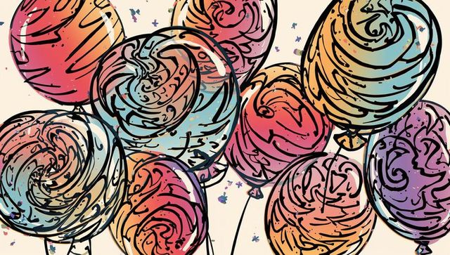 Whimsical swirl balloons floating among confetti vibrant painted party illustration