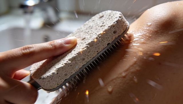 Pumice brush exfoliating wet shoulder closeup metal bristles water droplets skin texture