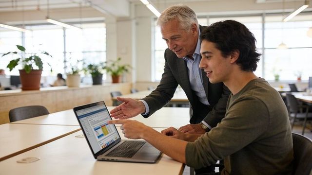 Senior mentor guiding young professional through data dashboard in modern open-plan office