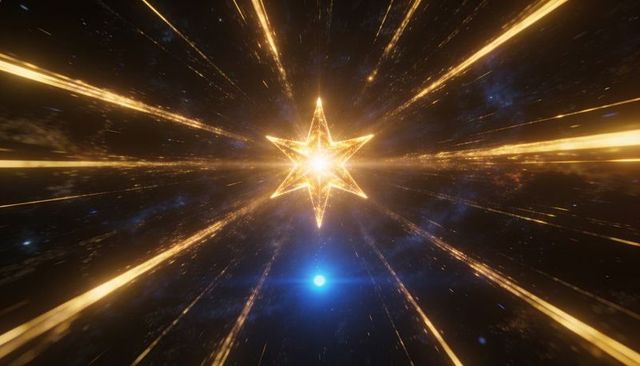 Glowing faceted starburst in deep space with golden radial beams and blue orb