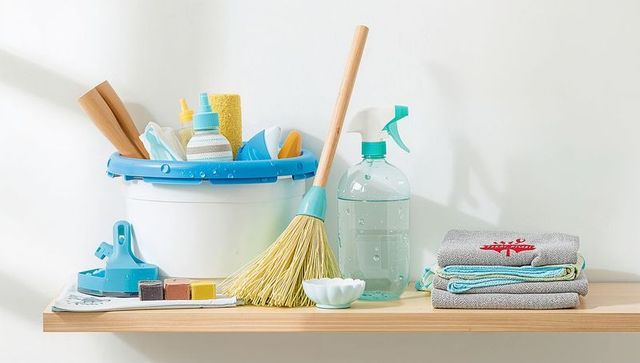 Displaying minimalist cleaning supplies on wooden shelf with blue bucket broom spray bottle