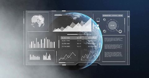 Transparent Holographic HUD Showing Orbit Telemetry and Analytics Over Earth