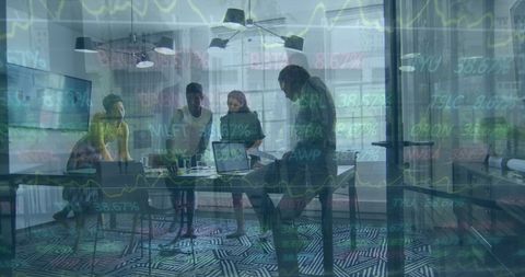 Multiracial Team Discussing in Modern Office with Stock Market Graphics Overlay