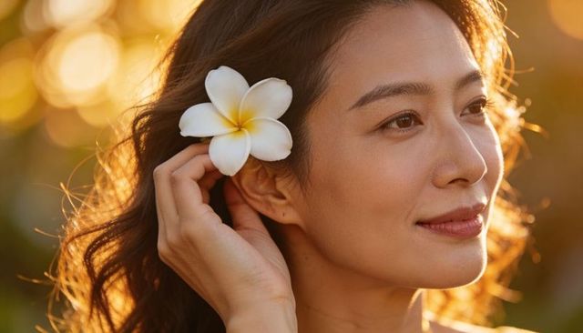 Asian woman placing white plumeria behind ear at golden hour, tropical sunlit portrait