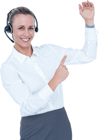 Transparent Businesswoman with Headset Confidently Pointing