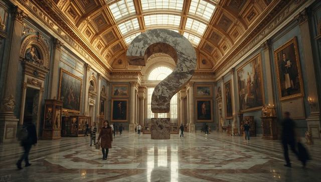 Floating marble question mark in elegant museum hall