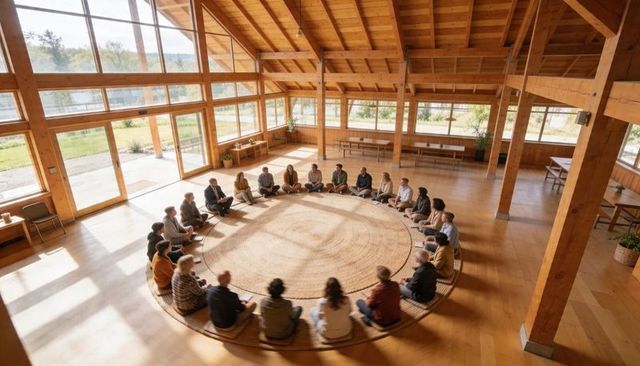 Group sitting in circle listening and taking notes in timber retreat hall