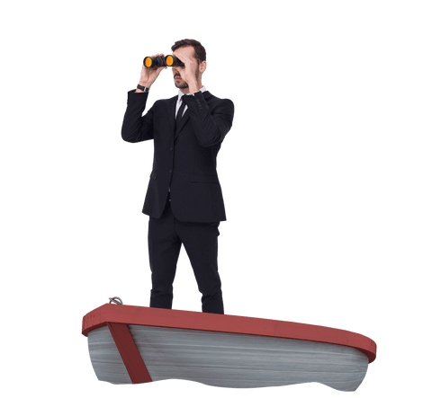 Transparent Businessman Using Binoculars on a Boat Posing