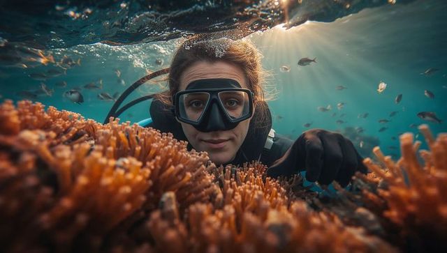 Female Scuba Diver Exploring Vibrant Coral Reef Ecosystem