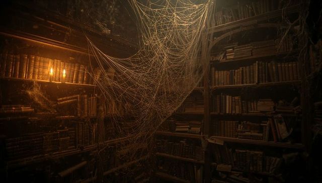 Intricate cobwebs in antique library with candlelit ambiance