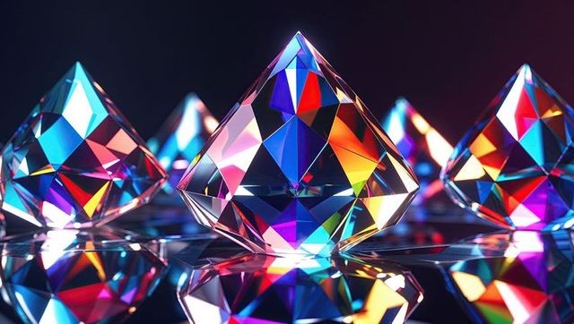 Iridescent prisms refracting rainbow light on reflective surface