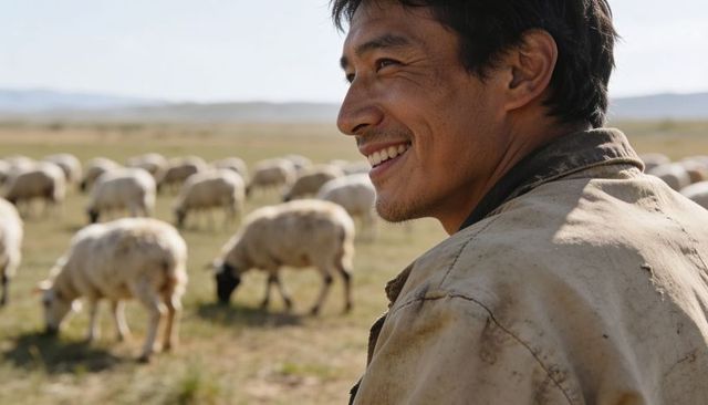 Smiling shepherd wearing worn beige jacket watching flock grazing on wide grassy plain