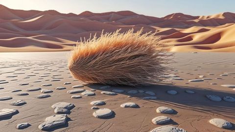 Tumbleweed on barren desert with distant sand dunes