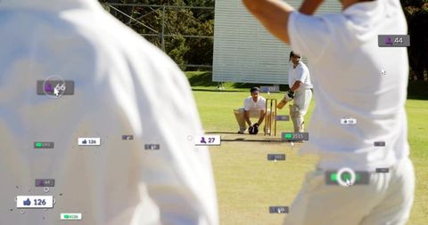 Cricket match action with batsman, wicketkeeper and social media engagement overlays