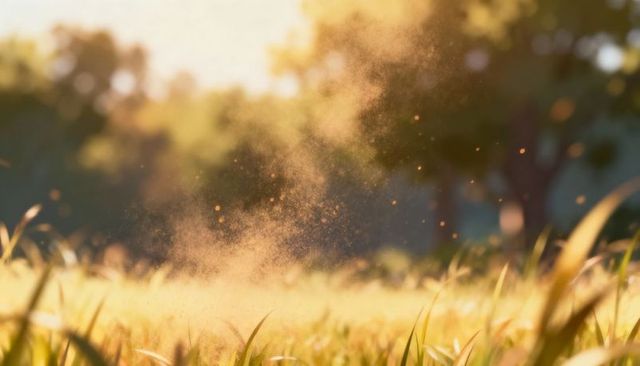 Backlit golden meadow with pollen drifting and grass blades glowing at sunset