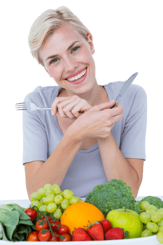Smiling Woman with Healthy Food and Transparent Background