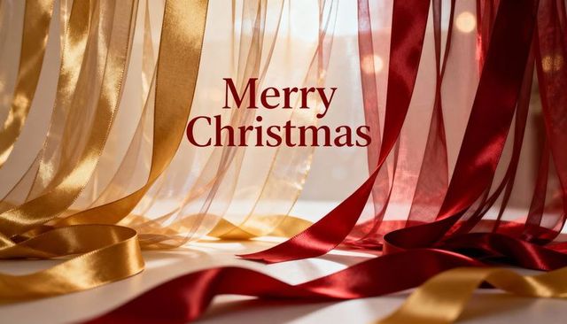 Elegant backlit red and gold satin ribbons and sheer organza for merry christmas greeting