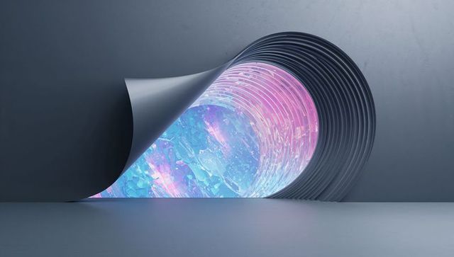 Peeling Curved Metal Sheet Unveiling Glowing Concentric Tunnel with Pastel Holography