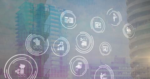 Digital Technology Icons Overlaying Modern Cityscape - Download Free Stock Images Pikwizard.com