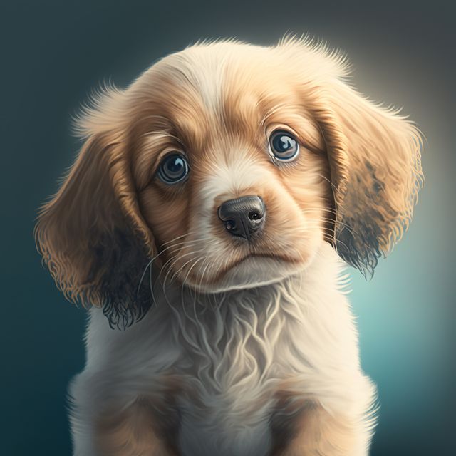 Portrait of cute puppy on gray background, created using generative ai technology. Portrait and animals concept, digitally generated image.