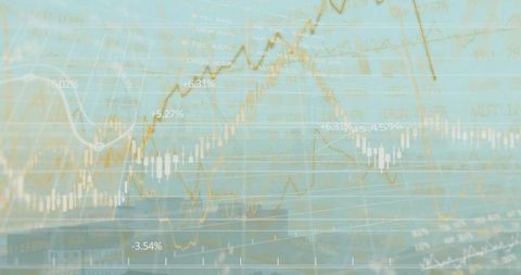 Financial market overlay displaying candlestick chart and line graph over urban skyline