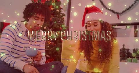 Couple Sharing Cozy Christmas Moment Wearing Santa Hat and Striped Sweater
